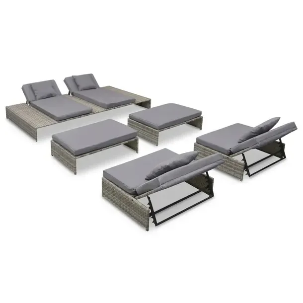 Zestaw mebli rattanowych szary 1 leżak 2 sofy 2 pufy 6 poduszek 210x140x23
