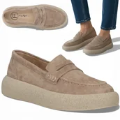 Mokasyny damskie - Mokasyny Damskie SKÓRZANE FILIPPO Zamszowe Półbuty Beżowe na Platformie 41 - miniaturka - grafika 1