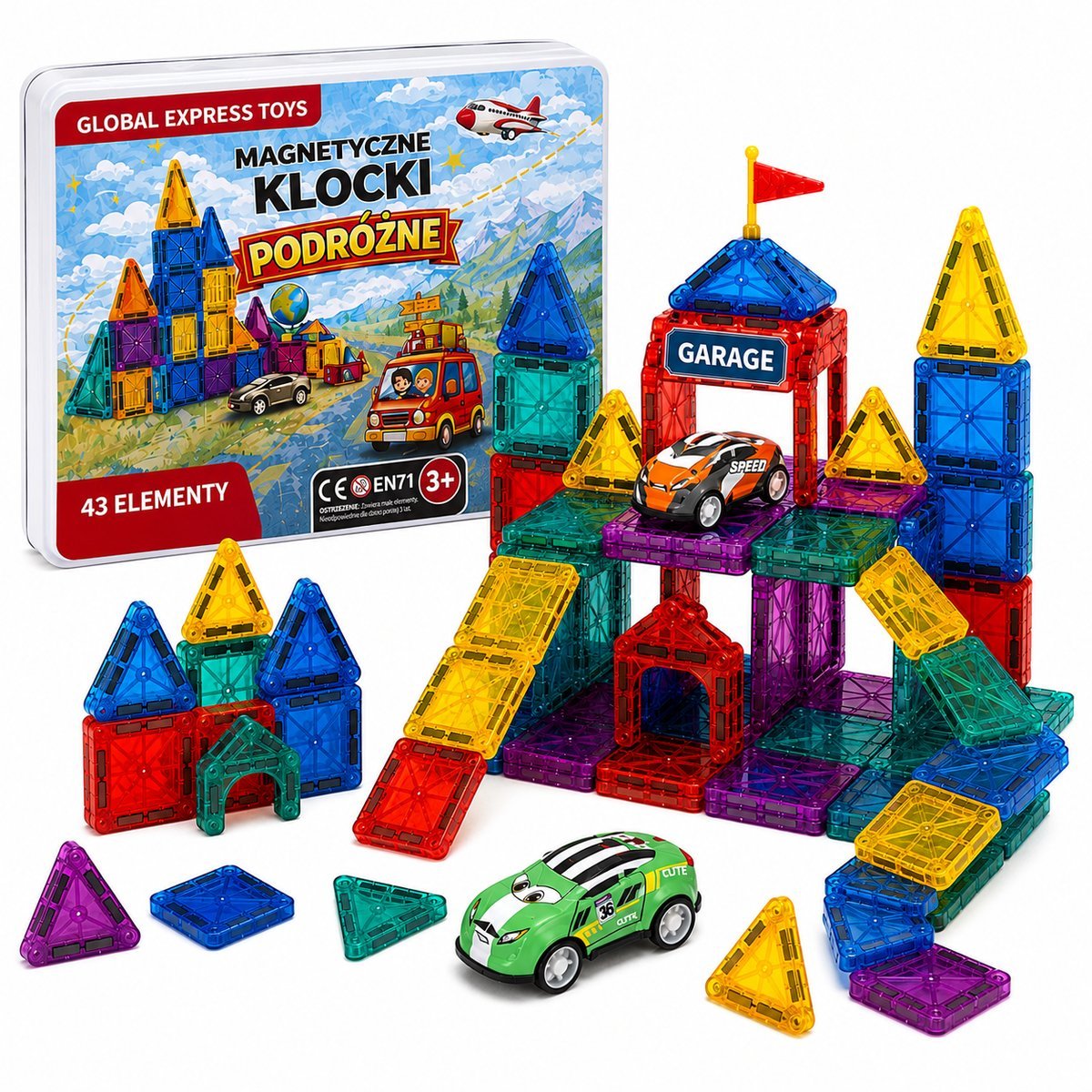 Klocki magnetyczne z autkami mini podróżne Travel 43 elementy z napędem 3+