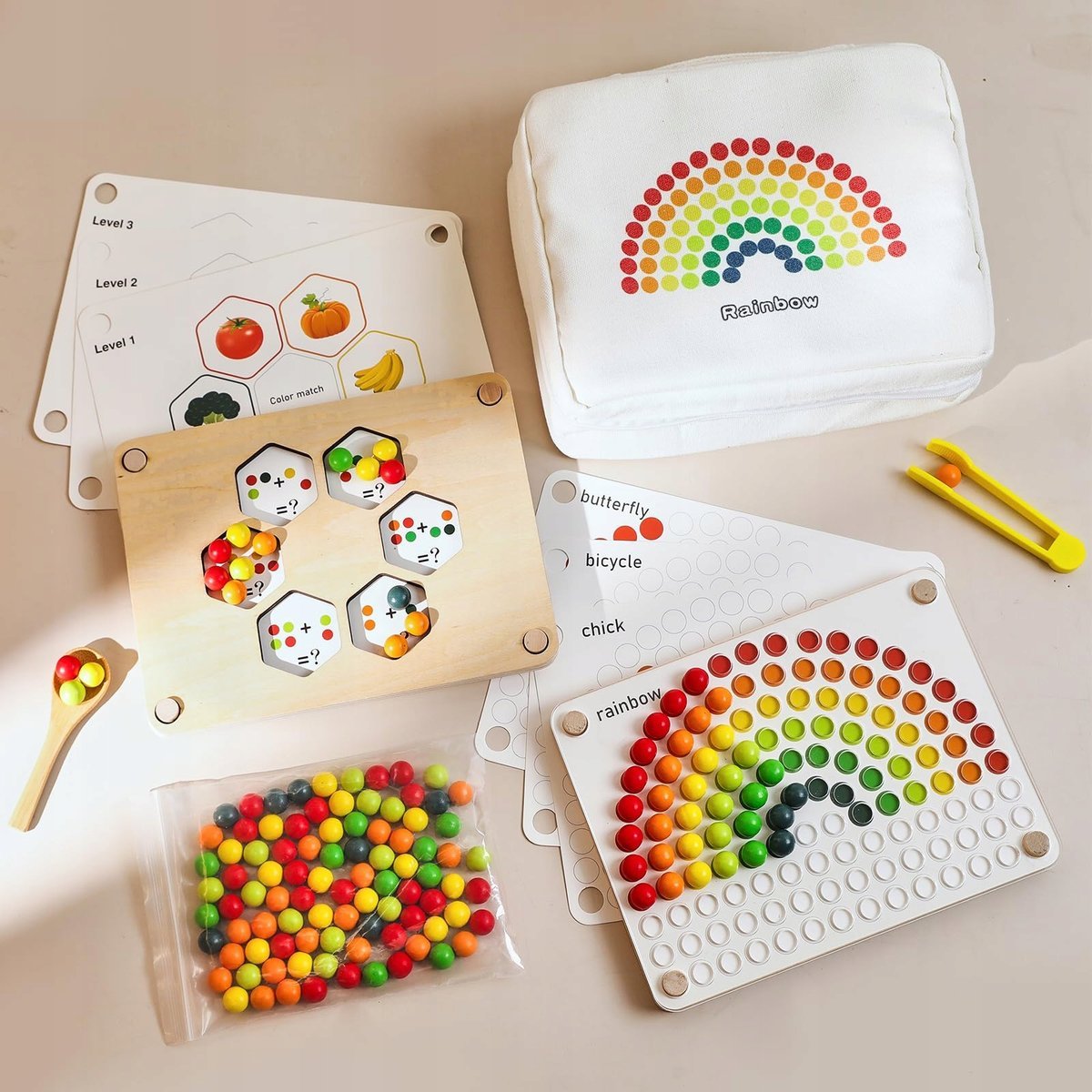 OESSUF Montessori Zabawki Dla Dzieci Drewniane Puzzle Tęcza Nauka Kolorów