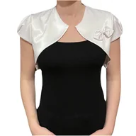 Marynarki i żakiety damskie - Satynowe bolerko z kokardą z krótkim rękawem biały – ILONA 42 - miniaturka - grafika 1