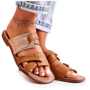 Skórzane Wygodne Klapki Damskie Maciejka 05549-29 Brązowe złoty - Klapki i japonki damskie - miniaturka - grafika 1