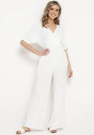 Kombinezony - Biały Taliowany Kombinezon z Kopertową Górą i Długimi Szerokimi Nogawkami Loni - miniaturka - grafika 1