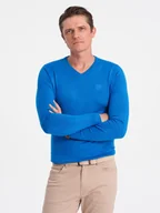 Swetry męskie - Elegancki sweter męski BASIC V-neck z wiskozą niebieski V19 OM SWBS-0107 - Ombre Clothing - miniaturka - grafika 1