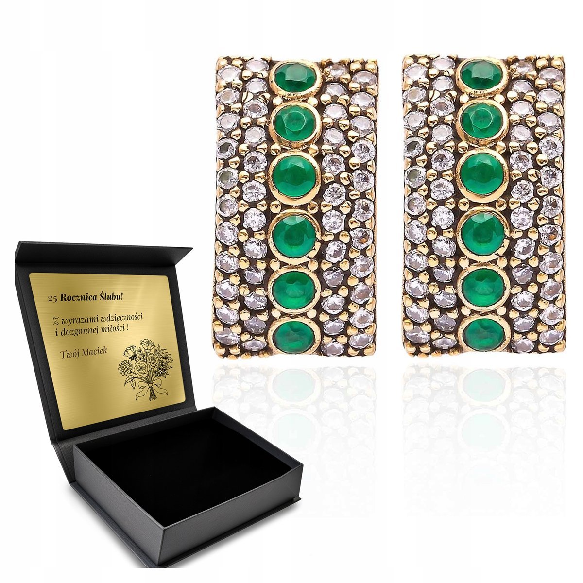 Kolczyki Srebrne 925 Cyrkonie Szmaragd Biżuteria Dla Kobiety + Grawer