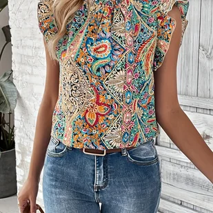 TEMU Elegancka bluzka z nadrukiem Paisley w stylu retro z falbankami na rękawach dla kobiet - żywy wzór , poliester, okrągły dekolt, idealna na - Inne - miniaturka - grafika 1