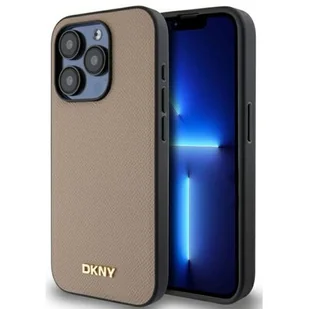 Etui DKNY Grained Metal Logo MagSafe do Apple iPhone 15 Pro Beżowy - Etui i futerały do telefonów - miniaturka - grafika 1