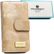 Portfele - Portfel damski z motywem roślinnym PETERSON rfid stop rozbudowany duży karty dokumenty gotówka pionowy na zatrzask i suwak beżowy elegancki pudełko .. - miniaturka - grafika 1