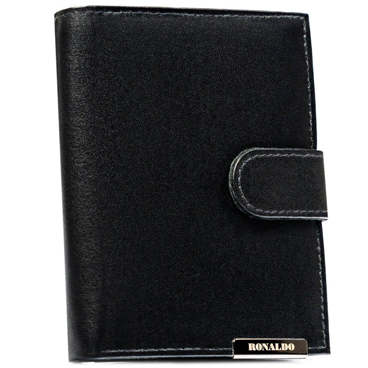 RONALDO Czarny pionowy portfel męski na zatrzask skórzany pojemny na karty i dokumenty mieści dowód rejestracyjny schowek na suwak ochrona RFID STOP