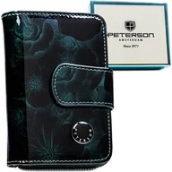 Portfele - Zielony lakierowany portfel damski w kwiatowy wzór skóra naturalna i ekologiczna PETERSON średniej wielkości na zatrzask i suwak karty dokumenty got.. - miniaturka - grafika 1