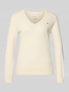 Sweter z dzianiny z mieszanki wełny jagnięcej z dekoltem w serek - Swetry damskie - miniaturka - grafika 1