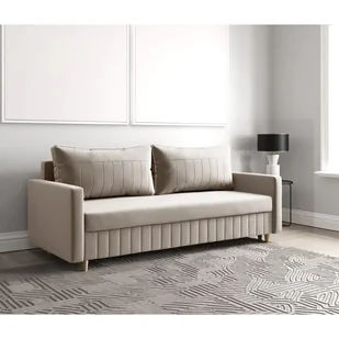 Sofa rozkładana MARO, sofa z funkcją spania i pojemnikiem na pościel, sofa rozkładana, sofa na nóżkach z naturalnego drewna, tkanina welurowa, kanapa w kolorze: beżowym - Pościel - miniaturka - grafika 1