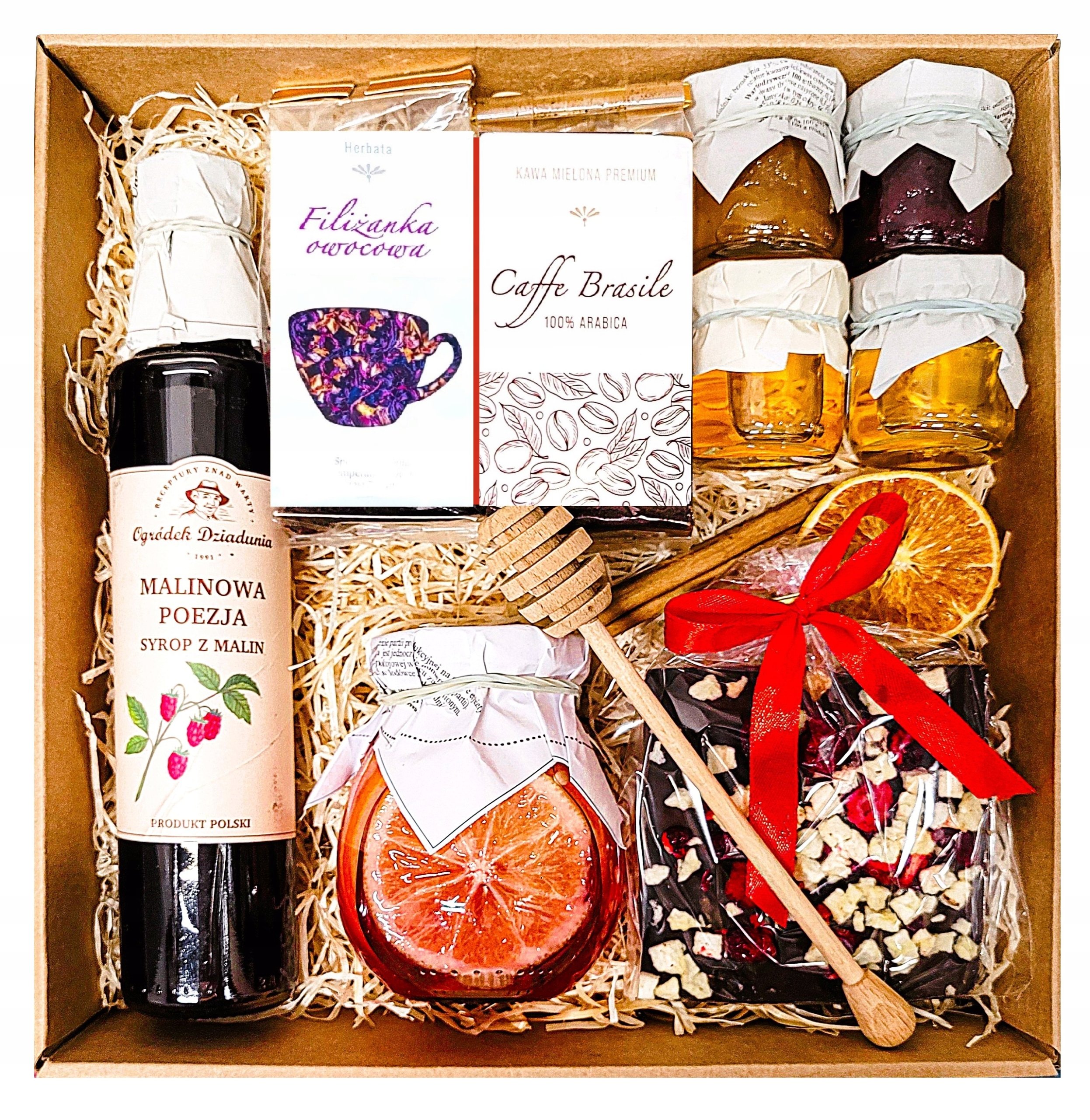 Kosz Prezentowy Upominek Herbata Kawa Miód Czekolada Syrop Malinowy
