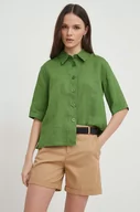 Koszule damskie - United Colors of Benetton koszula lniana kolor zielony regular z kołnierzykiem klasycznym - miniaturka - grafika 1