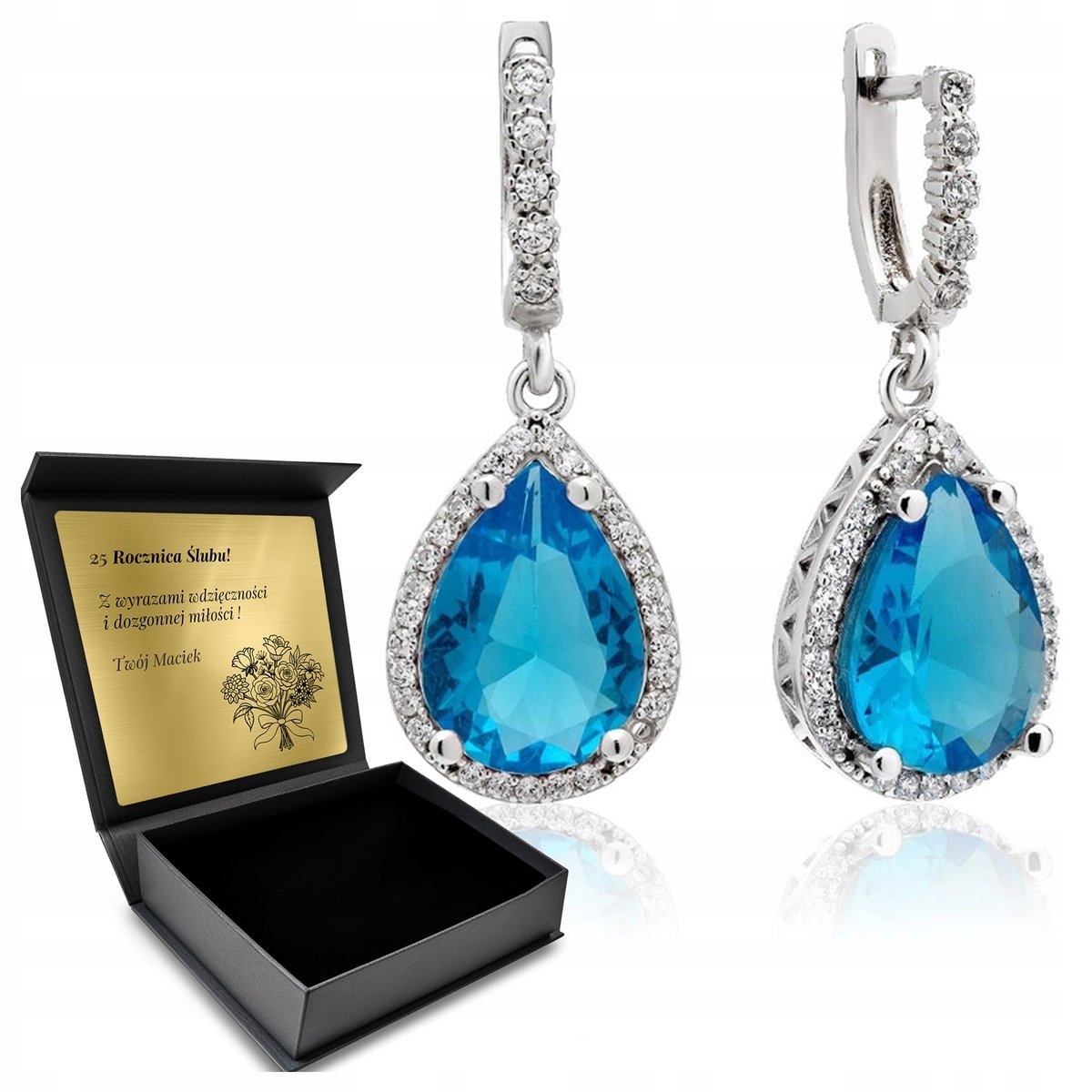 Kolczyki Srebrne 925 Cyrkonie Topaz Biżuteria Dla Kobiety + Grawer