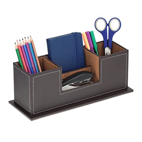 Relaxdays Organizer na biurko, pojemnik na długopisy z 4 przegródkami, sztuczna skóra, Wymiary (szer. x wys. x gł.): 11 x 29,5 x 11 cm, organizer biurowy, brązowy