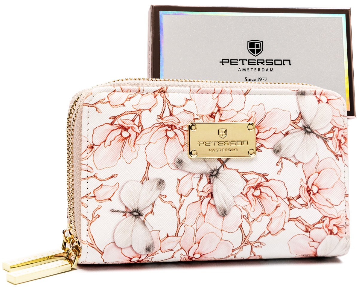 Portfel damski piórnik na suwak portmonetka na karty i dokumenty RFID Protect Peterson, beżowy kwiaty różnokolorowy