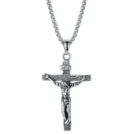 Naszyjniki - Naszyjnik Męski Stal Chirurgiczna Krzyż Jezus Srebrny - miniaturka - grafika 1