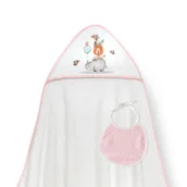 Okrycia kąpielowe dla dzieci - Okrycie kąpielowe 100x100 Rino Leon biały różowy ręcznik z kapturkiem + śliniaczek - miniaturka - grafika 1