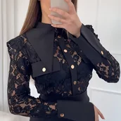 Koszule damskie - TEMU Jednokolorowa Koszula z Wycięciami i Szpiczastym Kołnierzem, Seksowna Długi Rękaw na Wszystkie Pory Roku, Idealna na Randki i Dojazdy - miniaturka - grafika 1