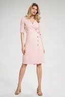 Sukienki - Kopertowa SUKIENKA z marszczonym rękawem | ozdobne guziki | Różowa M - miniaturka - grafika 1