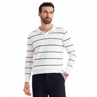 Koszulki męskie - Męski longsleeve polo z wiskozą paski biało-granatowy OM-POLS-0146 V2 r S - miniaturka - grafika 1