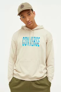Bluzy męskie - Converse bluza męska kolor beżowy z kapturem z nadrukiem - grafika 1