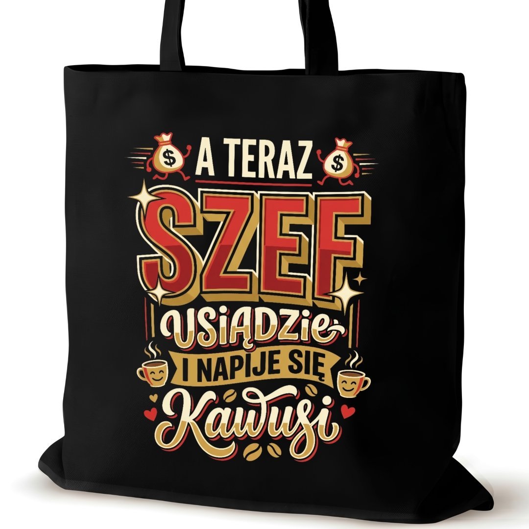 Czarna torba bawełniana dla SZEFA na ramię nadrukiem duża usiądzie