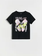 Koszulki dla dziewczynek - Reserved - Bawełniany t-shirt z nadrukiem - czarny - miniaturka - grafika 1