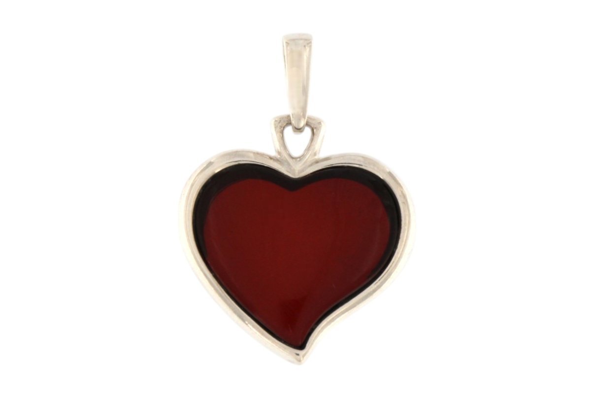 Srebrna zawieszka bursztynowe serce 925 - elegancki duży wisiorek wiśniowy