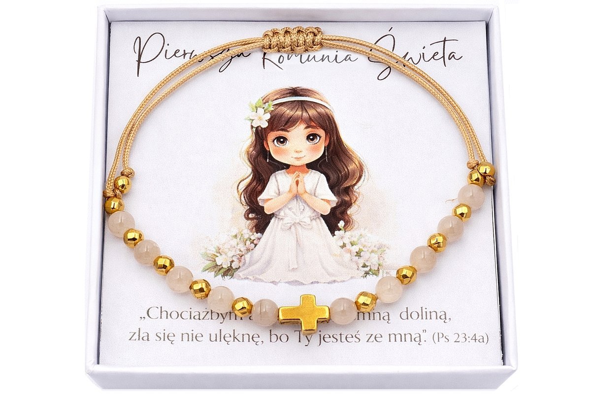 Bransoletka różaniec Kamień Słoneczny rękodzieło, prezent Komunia Św.