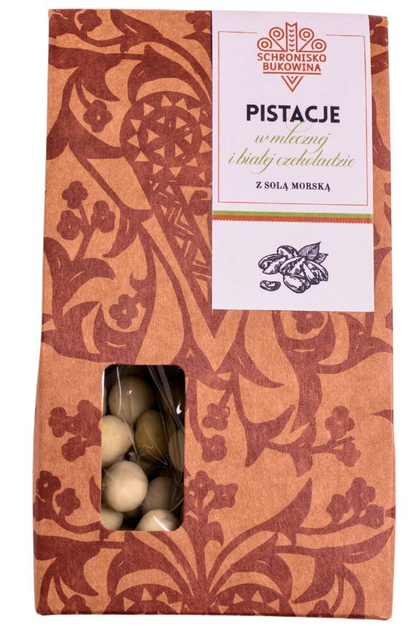 Pistacje w mlecznej i białej czekoladzie z solą morską 100g - Schronisko Bukowina