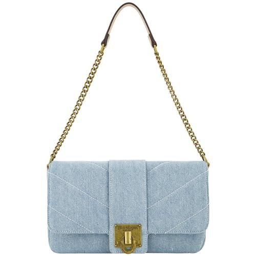 True Religion Women's Shoulder Bag Purse, Denim Mini Handbag with Chain Strap, Light Blue