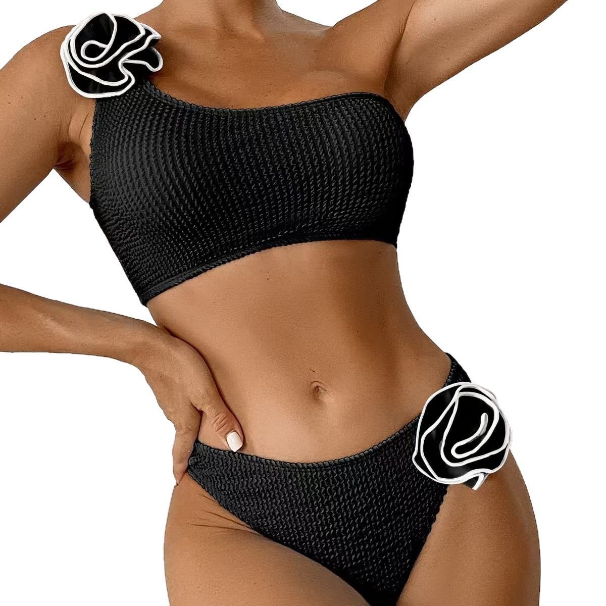 Strój Kąpielowy Bikini Dwuczęściowy Na Jedno Ramię Ozdobne Kwiaty Czarny Xl