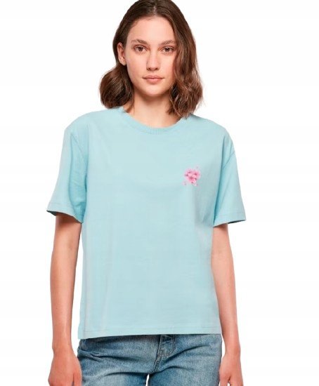 MISS TEE BŁĘKITNY T-SHIRT DAMSKI Z RÓŻOWYM KWIATOWYM NADRUKIEM XL J9A