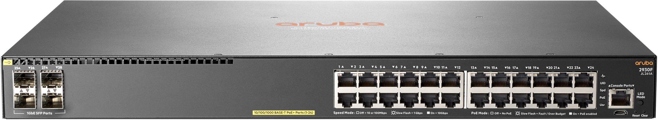 Switch HPE Aruba 2930F 24G PoE+ 4SFP Zarządzany L3 Gigabit Ethernet 10/100/1000 Obsługa PoE 1U Szary JL261A-RFB