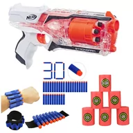 Zabawki militarne - Zestaw Pistolet Nerf N-Strike Elite Strongarm Przeźroczysty E5753 + 30 strzałek + opaska + cele - miniaturka - grafika 1