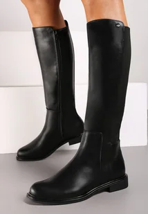 Czarne Płaskie Kozaki Oficerki z Elastyczną Wstawką Ansinda - Kozaki damskie - miniaturka - grafika 1