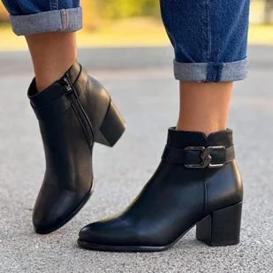 Czarne ze skóry eko botki damskie na obcasie Sergio Leone Bt604 - Botki damskie - miniaturka - grafika 1