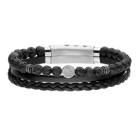Bransolety męskie - Męska bransoletka czarne skórzane rzemienie czarna lawa z pastylką charmsem - miniaturka - grafika 1