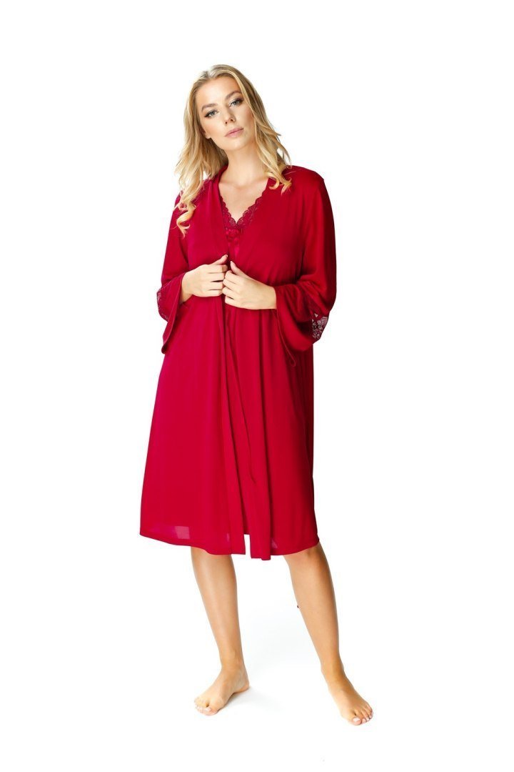 Piękny peniuar damski Paula wiązany długi rękaw : Kolor - Burgundowy, Rozmiar - 42