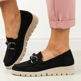 Czarne zamszowe mokasyny damskie na koturnie Sergio Leone pb227 - Mokasyny damskie - miniaturka - grafika 1