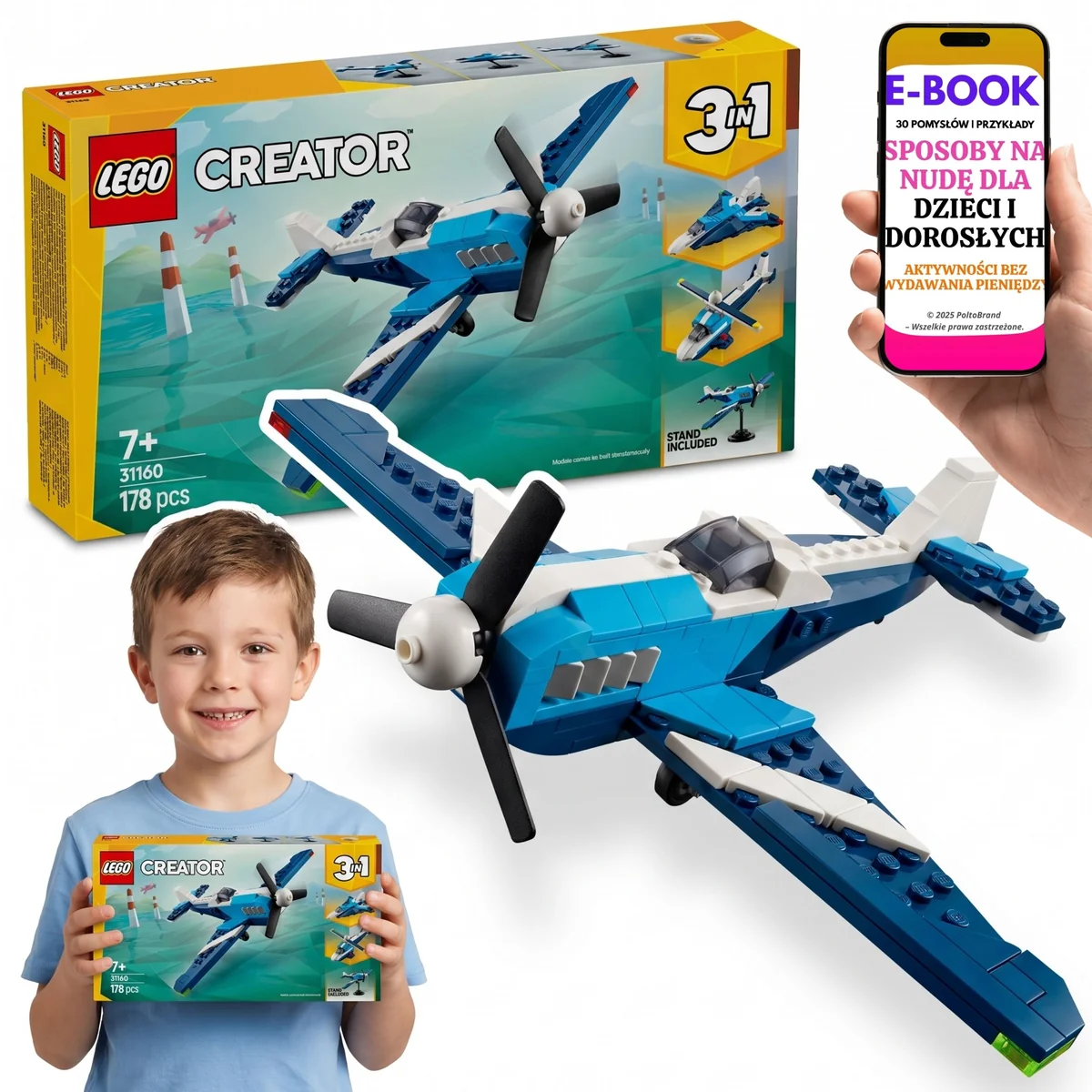 LEGO Creator 3 W 1 Samolot + Odrzutowiec + Helikopter 178 Elementów 31160