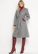 Płaszcze damskie - Ciemnoszary Płaszcz Dwurzędowy z Paskiem Caeyle - miniaturka - grafika 1