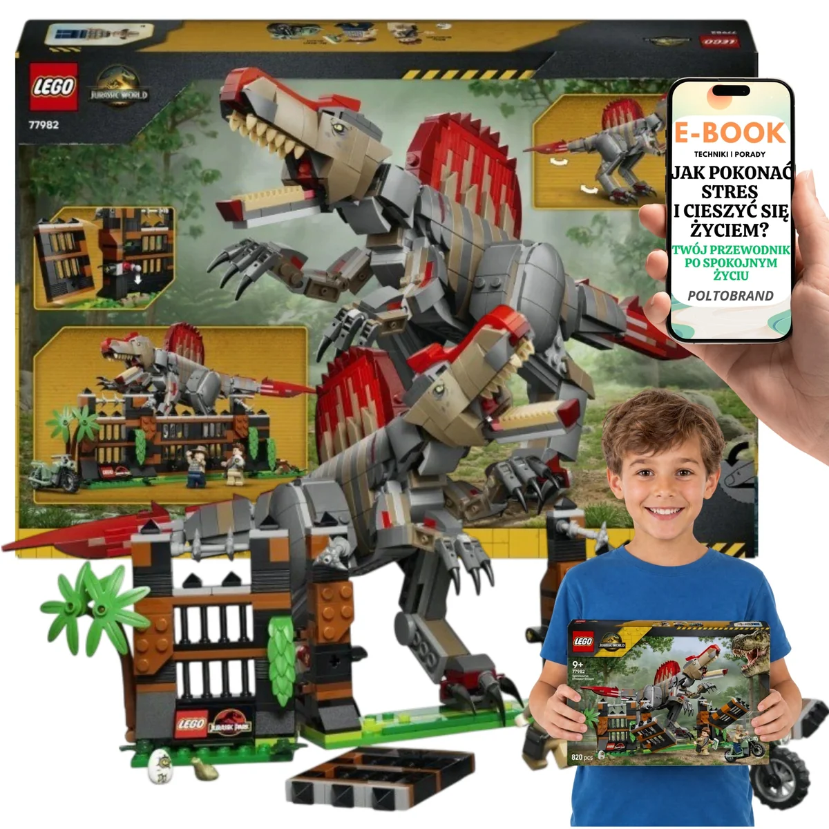LEGO JURASSIC WORLD Ucieczka spinozaura LEGO Dla Syna i Córki 77982 820 el. wysokość 16 cm Na Dzień Dziecka Urodziny