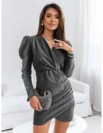 Sukienki - Brokatowa sukienka z kopertowym dekoltem ZAKIA -srebrna - miniaturka - grafika 1