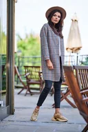 Płaszcze damskie - Płaszcz w Kratę z Dużymi Kieszeniami - Granatowy - miniaturka - grafika 1