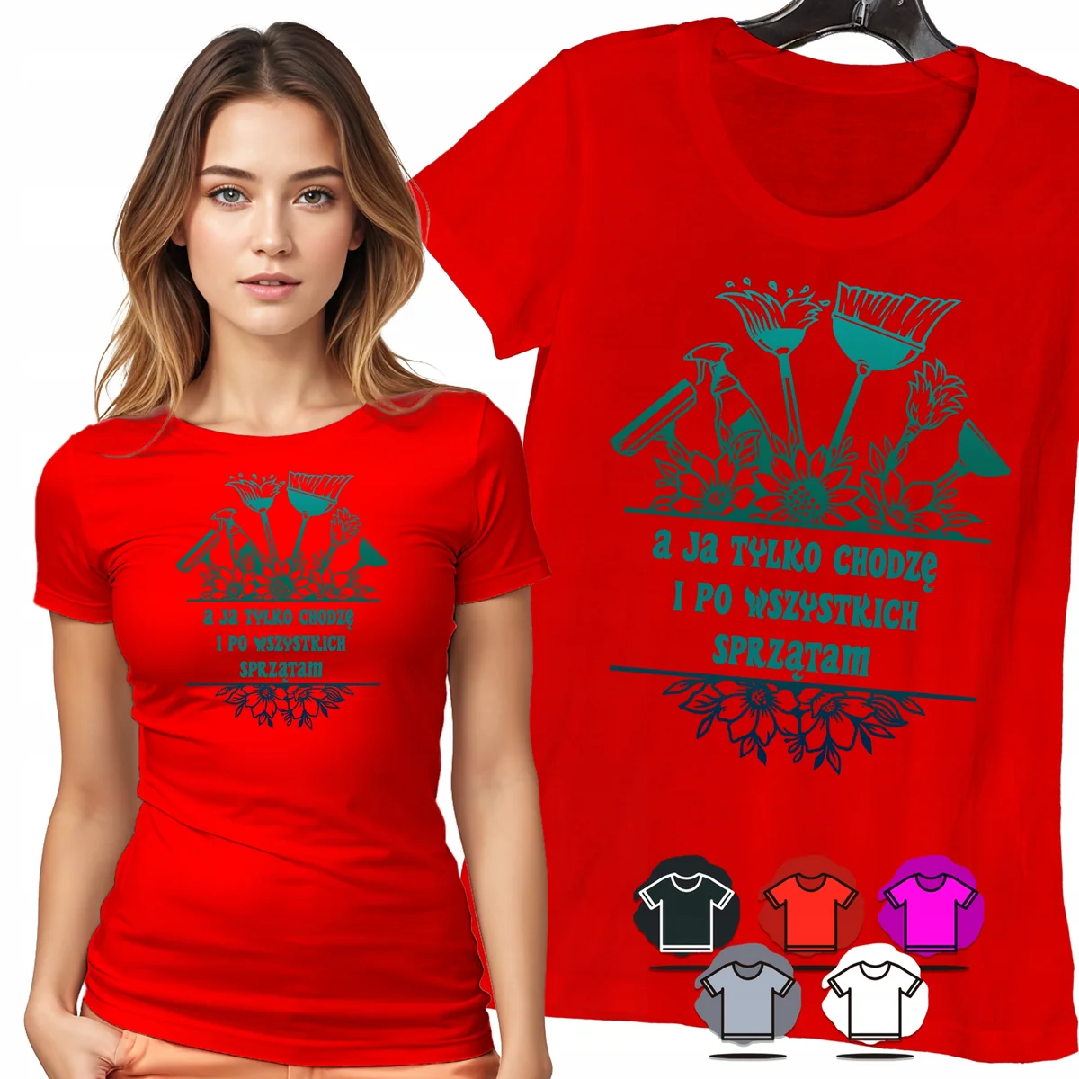 KOSZULKA DAMSKA T-SHIRT - CHODZĘ I PO WSZYSTKICH SPRZĄTAM KWIATY WZÓR - L