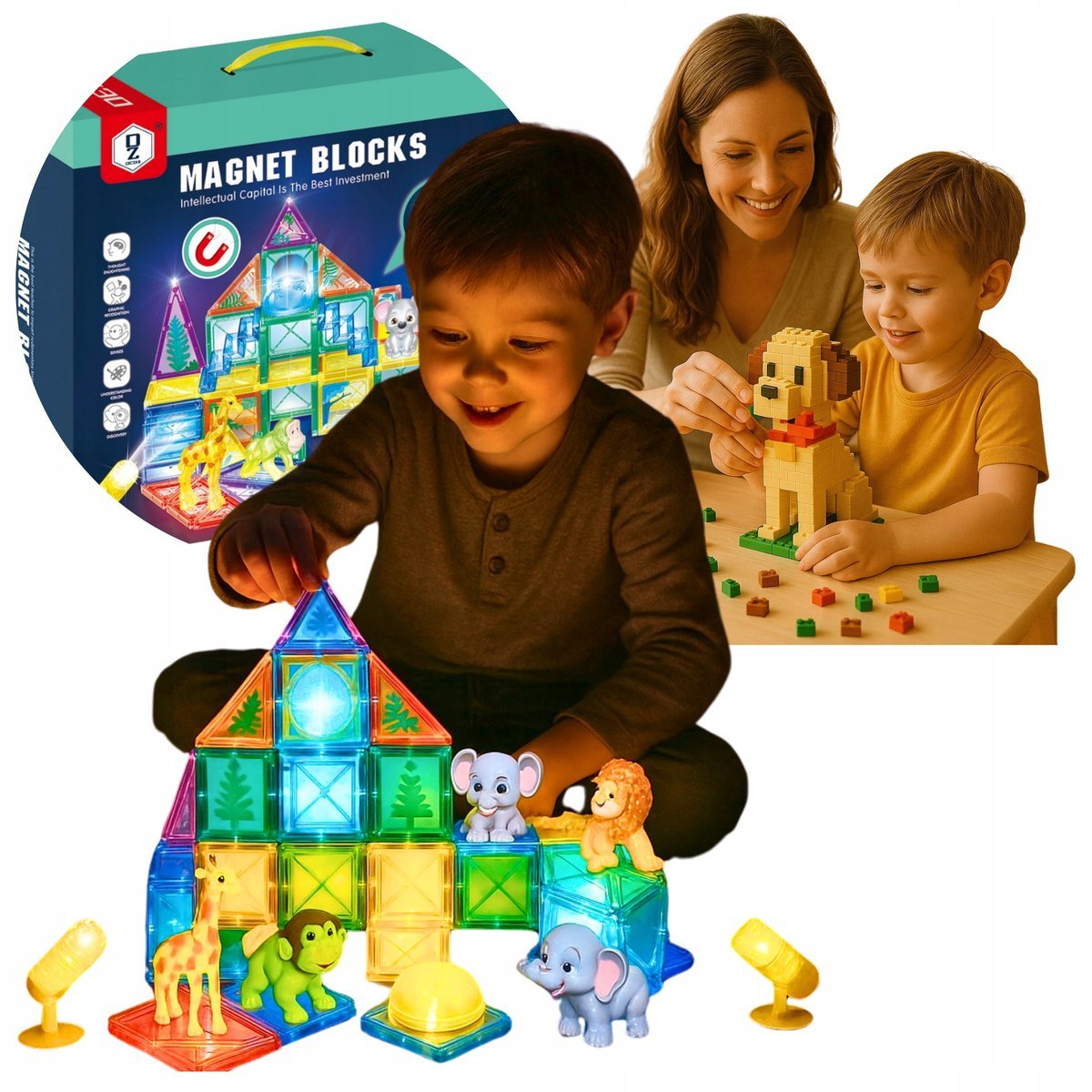 KLOCKI MAGNETYCZNE KONSTRUKCYJNE ZESTAW 3D EDUKACYJNE ŚWIECĄCE 127A-1 + GR