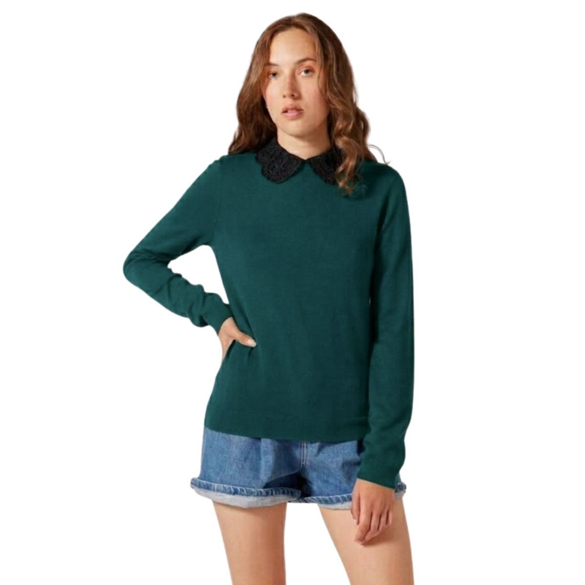Sweter damski Naf Naf Fly szmaragdowy ze stójką falbanka -S